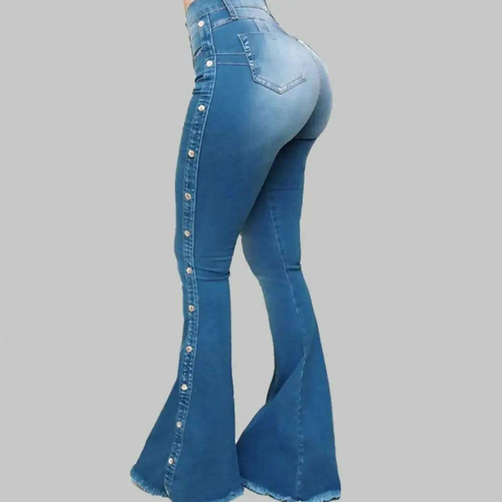 Mid Waisted Stretch Flare Jeans Women Denim Pants Wide Leg Butt-lifted Casual Korean Style Skinny Bell Bottom Pocket Trousers - KIMLUD