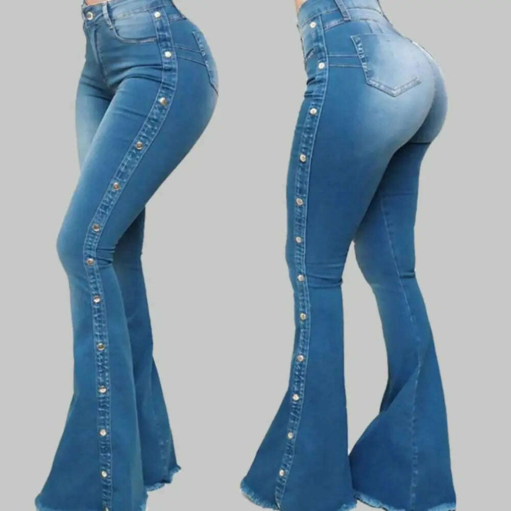Mid Waisted Stretch Flare Jeans Women Denim Pants Wide Leg Butt-lifted Casual Korean Style Skinny Bell Bottom Pocket Trousers - KIMLUD