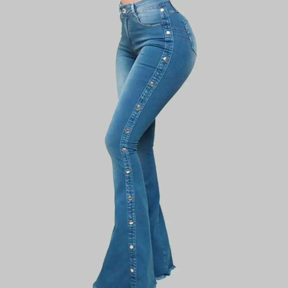Mid Waisted Stretch Flare Jeans Women Denim Pants Wide Leg Butt-lifted Casual Korean Style Skinny Bell Bottom Pocket Trousers - KIMLUD