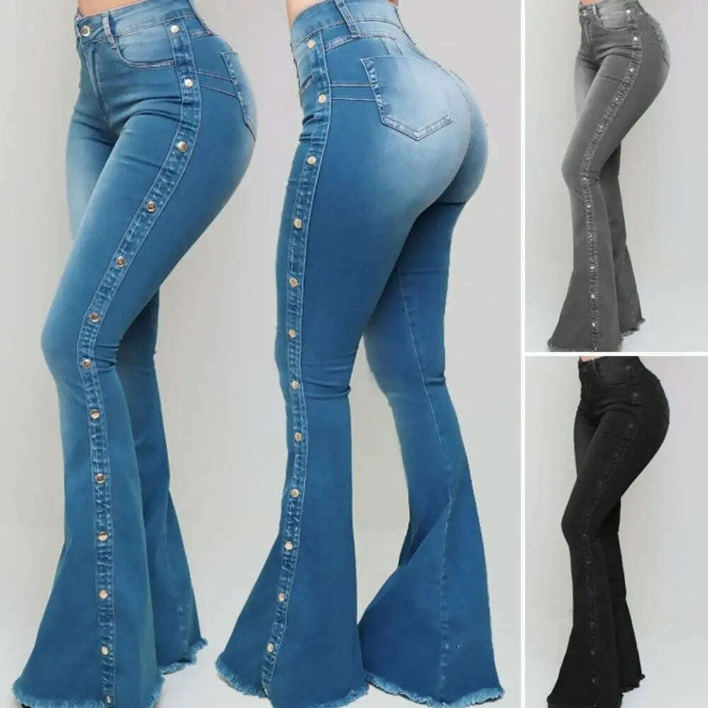 Mid Waisted Stretch Flare Jeans Women Denim Pants Wide Leg Butt-lifted Casual Korean Style Skinny Bell Bottom Pocket Trousers - KIMLUD