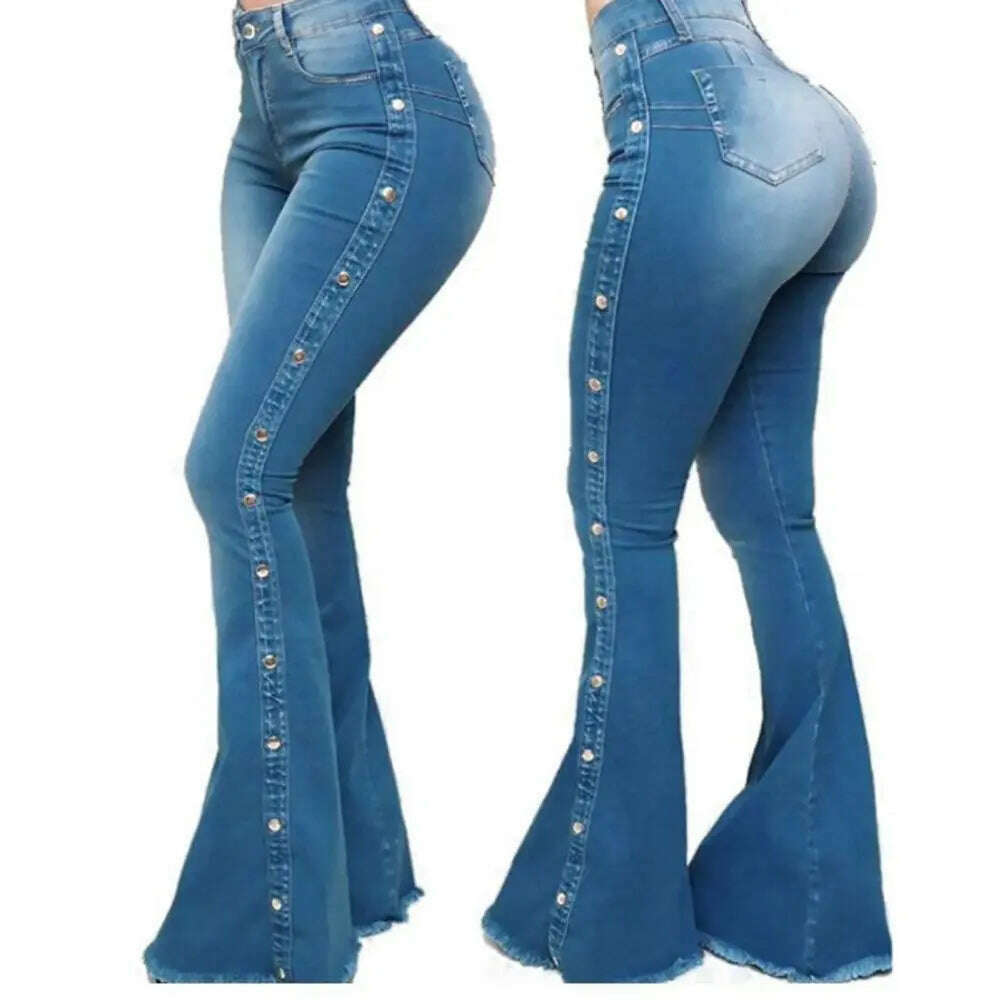 Mid Waisted Stretch Flare Jeans Women Denim Pants Wide Leg Butt-lifted Casual Korean Style Skinny Bell Bottom Pocket Trousers - KIMLUD