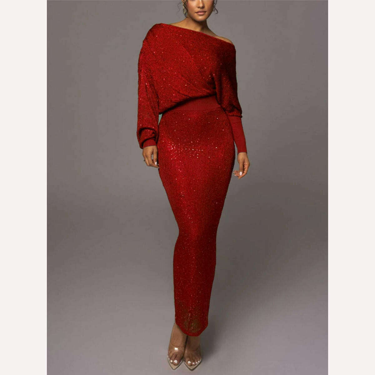 KIMLUD, Mikydely Autumn New Elegant Off The Shoulder Knitted  Dress Woman Long sleeve Festive Dress, red / S, KIMLUD Women's Clothes