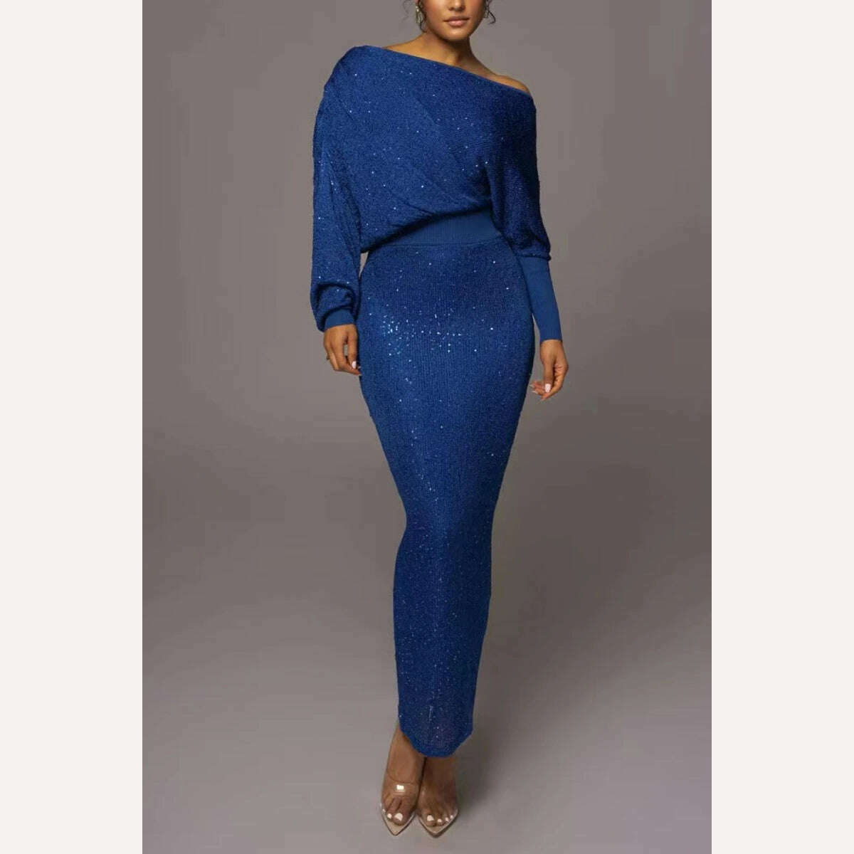 KIMLUD, Mikydely Autumn New Elegant Off The Shoulder Knitted  Dress Woman Long sleeve Festive Dress, blue / S, KIMLUD Womens Clothes