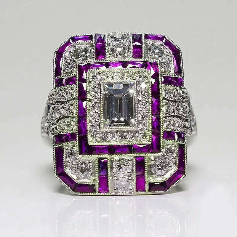 KIMLUD, Milangirl Luxury  Big Square Rings for Women Jewelry Wedding Crystal Zircon Anel Engagement Anillos Statement Ring s, PURPLE / 6, KIMLUD Women's Clothes