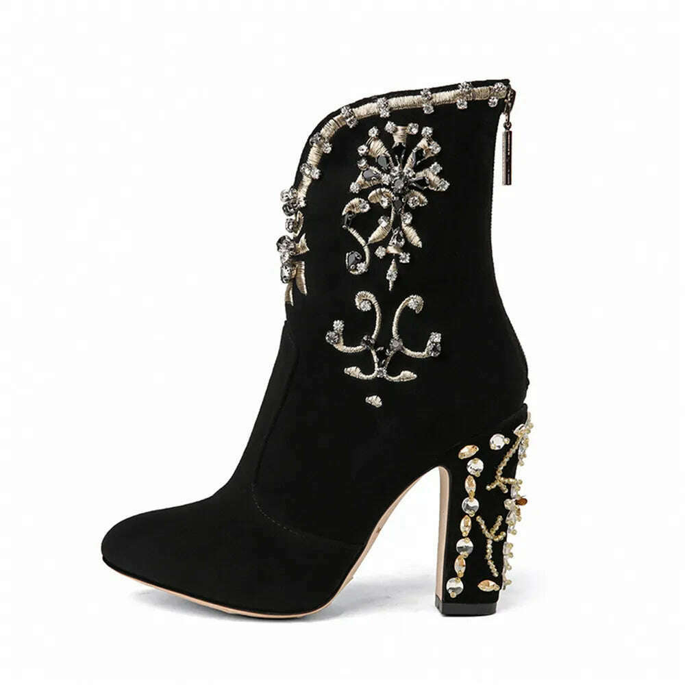 MILI-MIYA Fashion Women Kid Suede Ankle Boots Zipper Round Toe Crystal Square Heels Spring/Autumn Party Shoes Plus Size 34-43 - KIMLUD
