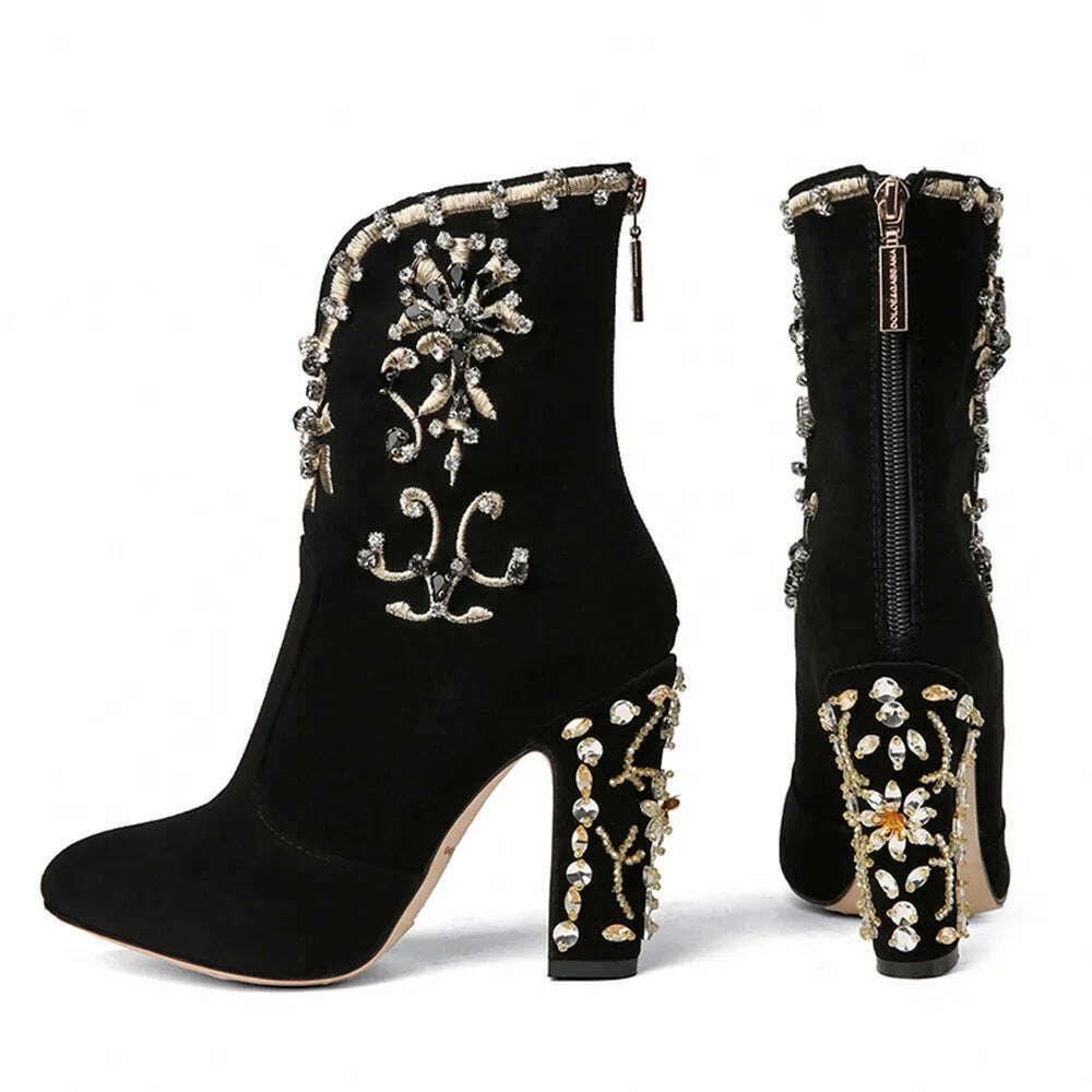MILI-MIYA Fashion Women Kid Suede Ankle Boots Zipper Round Toe Crystal Square Heels Spring/Autumn Party Shoes Plus Size 34-43 - KIMLUD