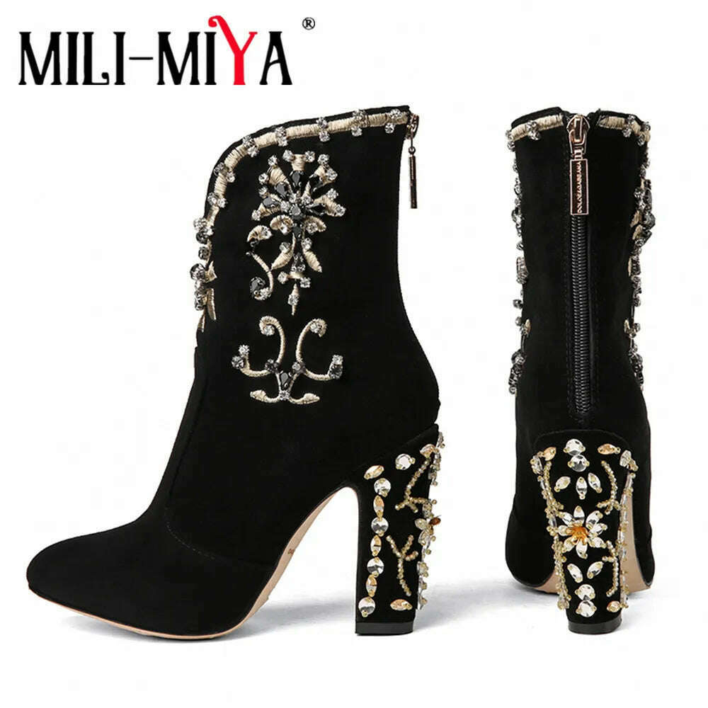 MILI-MIYA Fashion Women Kid Suede Ankle Boots Zipper Round Toe Crystal Square Heels Spring/Autumn Party Shoes Plus Size 34-43 - KIMLUD