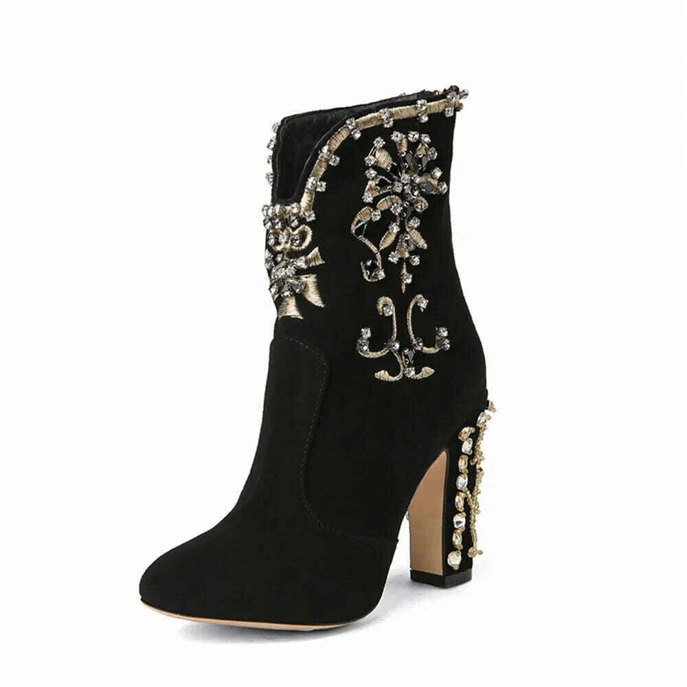 MILI-MIYA Fashion Women Kid Suede Ankle Boots Zipper Round Toe Crystal Square Heels Spring/Autumn Party Shoes Plus Size 34-43 - KIMLUD