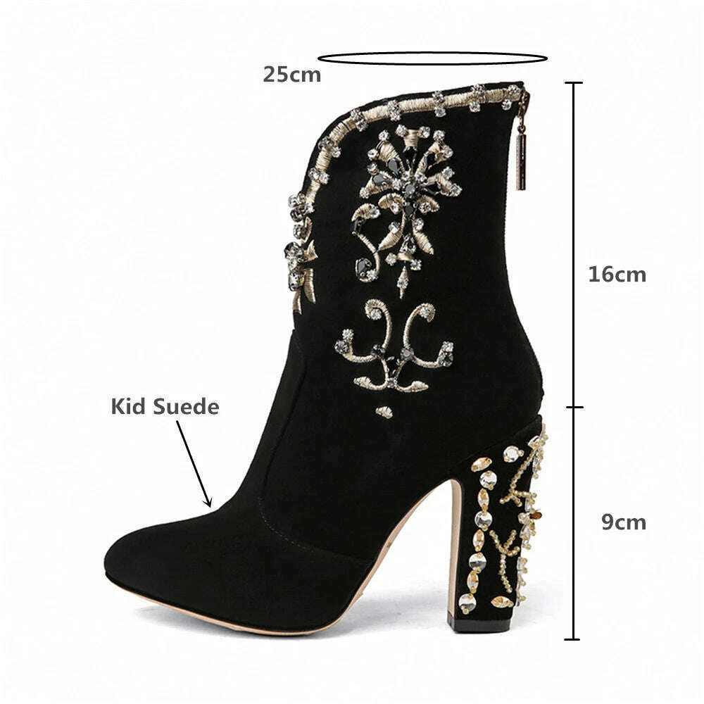 MILI-MIYA Fashion Women Kid Suede Ankle Boots Zipper Round Toe Crystal Square Heels Spring/Autumn Party Shoes Plus Size 34-43 - KIMLUD
