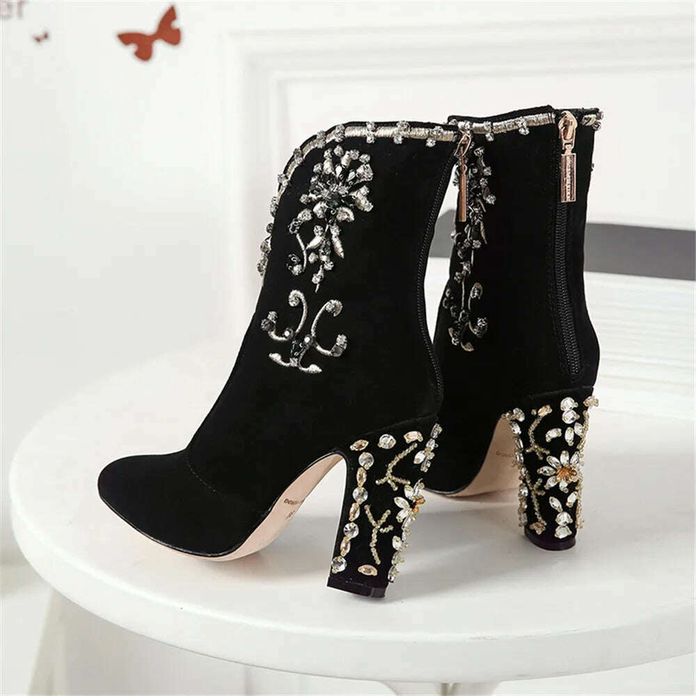 MILI-MIYA Fashion Women Kid Suede Ankle Boots Zipper Round Toe Crystal Square Heels Spring/Autumn Party Shoes Plus Size 34-43 - KIMLUD