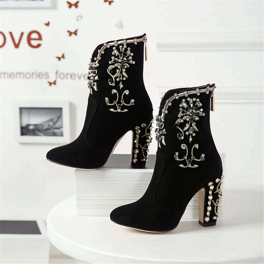 MILI-MIYA Fashion Women Kid Suede Ankle Boots Zipper Round Toe Crystal Square Heels Spring/Autumn Party Shoes Plus Size 34-43 - KIMLUD