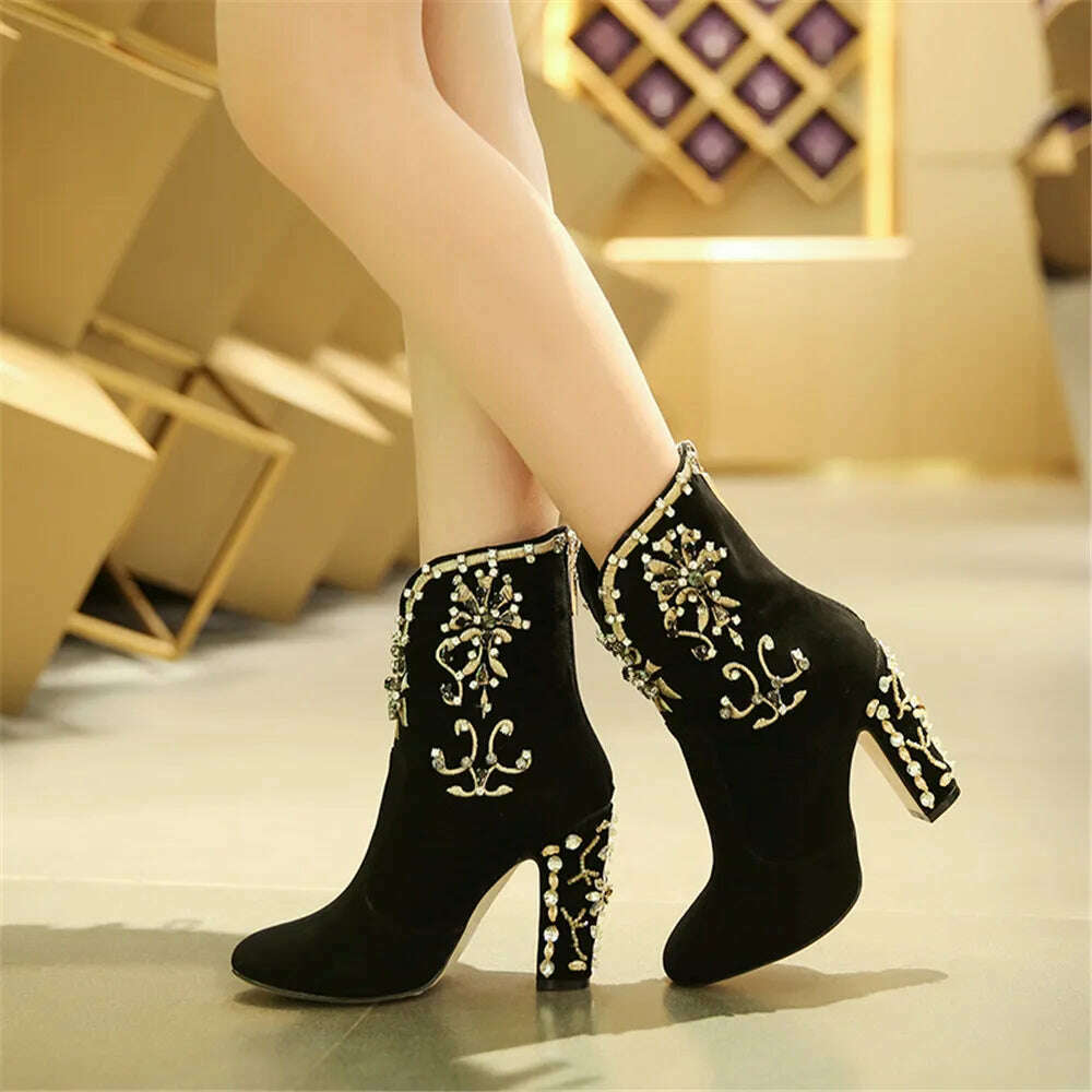 MILI-MIYA Fashion Women Kid Suede Ankle Boots Zipper Round Toe Crystal Square Heels Spring/Autumn Party Shoes Plus Size 34-43 - KIMLUD