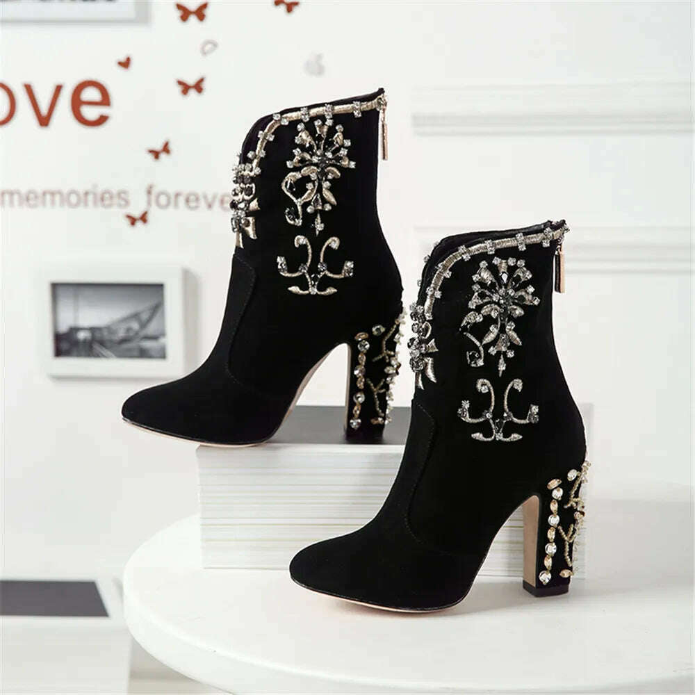 MILI-MIYA Fashion Women Kid Suede Ankle Boots Zipper Round Toe Crystal Square Heels Spring/Autumn Party Shoes Plus Size 34-43 - KIMLUD
