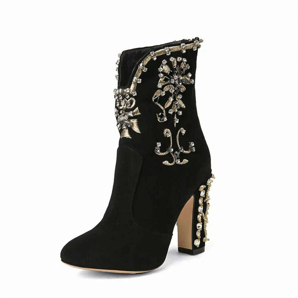 MILI-MIYA Fashion Women Kid Suede Ankle Boots Zipper Round Toe Crystal Square Heels Spring/Autumn Party Shoes Plus Size 34-43 - KIMLUD