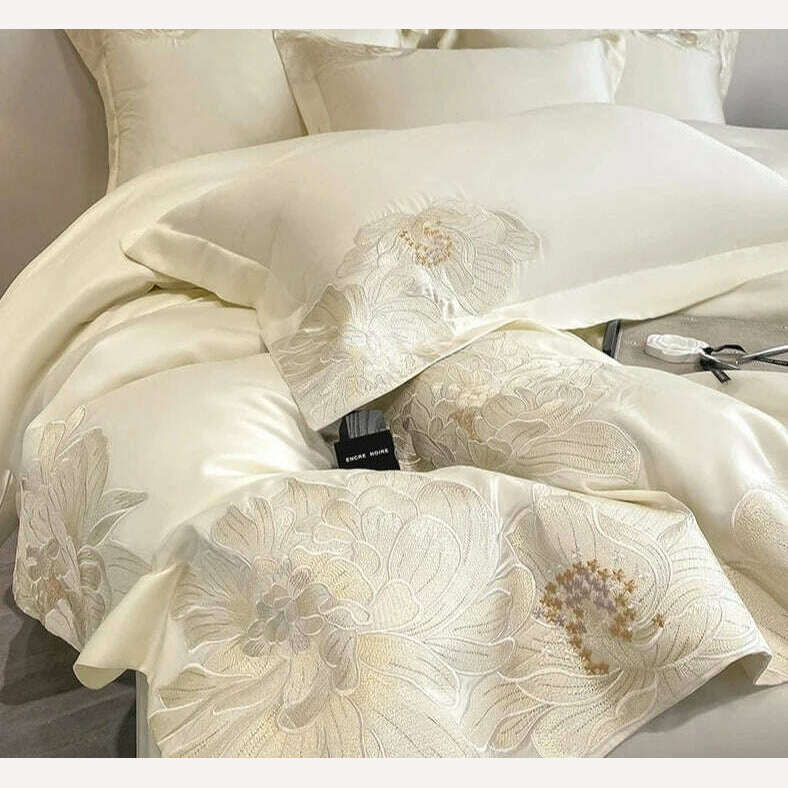 KIMLUD, Milkshake White 600TC Egyptian Cotton Flowers Embroidery Bedding Set 100% Cotton Duvet Cover Set Bed Sheet Pillowcase Queen King, KIMLUD Women's Clothes