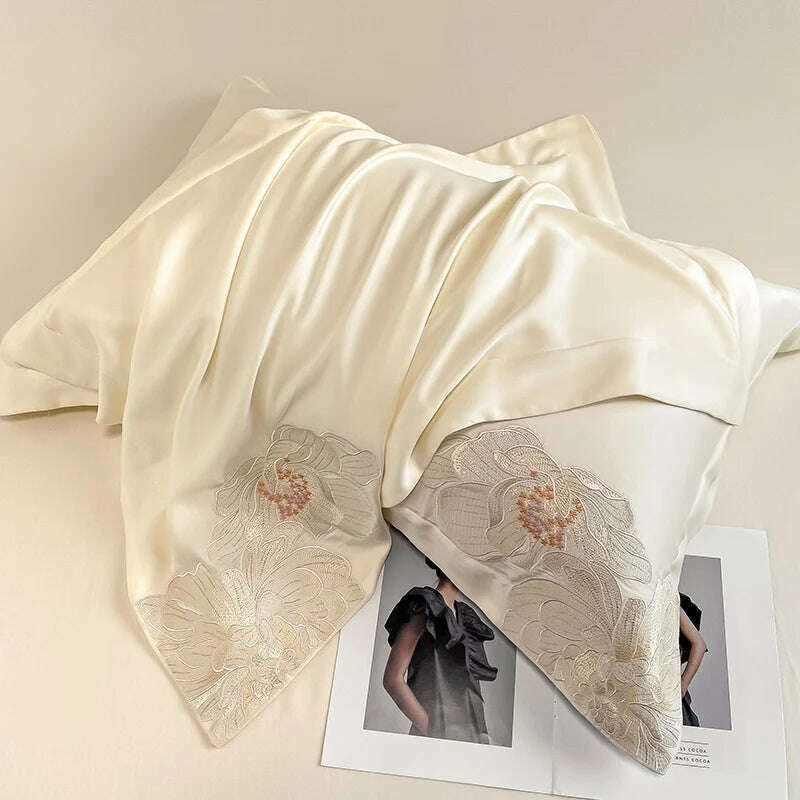 KIMLUD, Milkshake White 600TC Egyptian Cotton Flowers Embroidery Bedding Set 100% Cotton Duvet Cover Set Bed Sheet Pillowcase Queen King, KIMLUD Womens Clothes