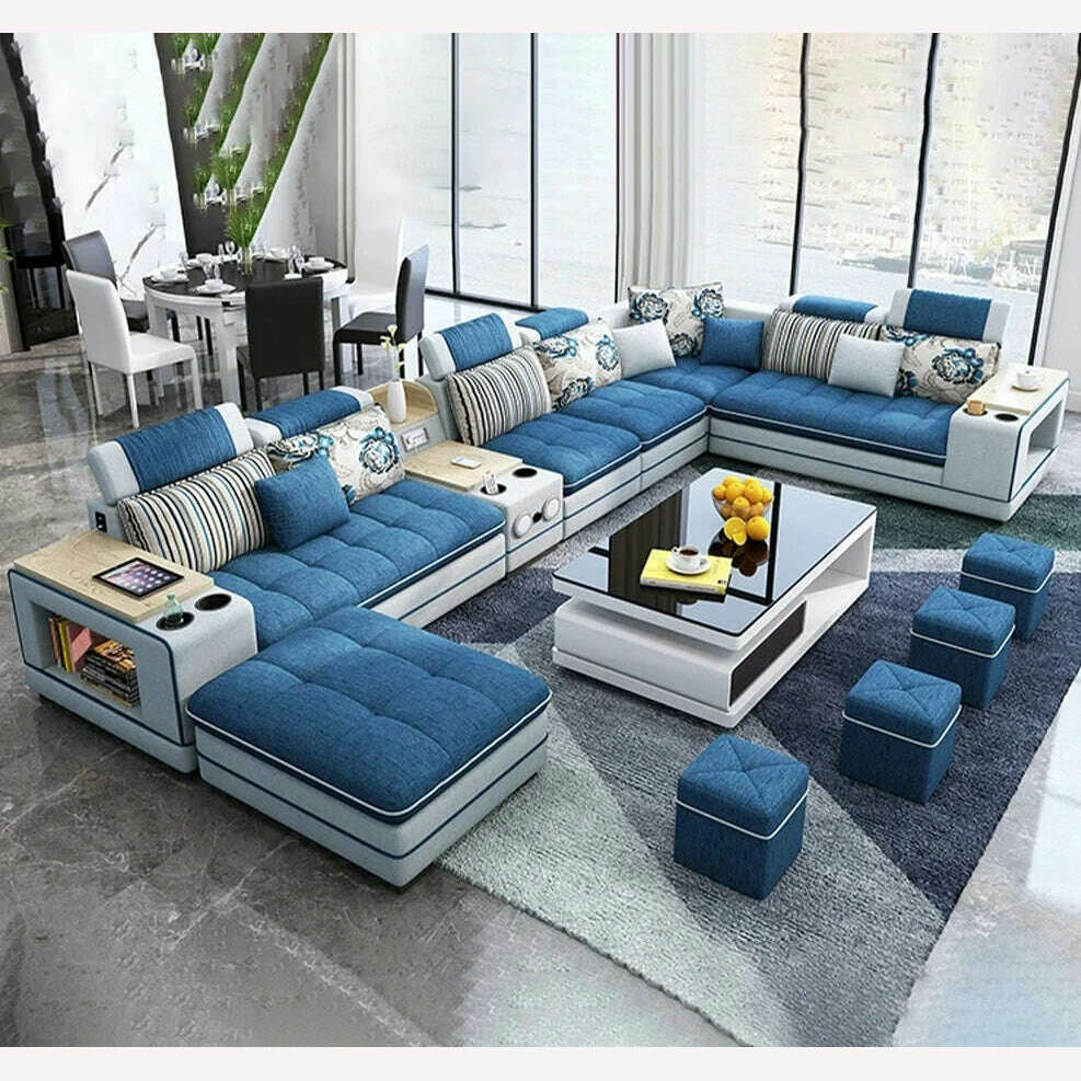 KIMLUD, MINGDIBAO Bluetooth Sectional Sofa Bed Sets Big U Shape Corner Cloth Couch with Speaker Sound System for Living Room Furniture, blue without table, KIMLUD APPAREL - Womens Clothes