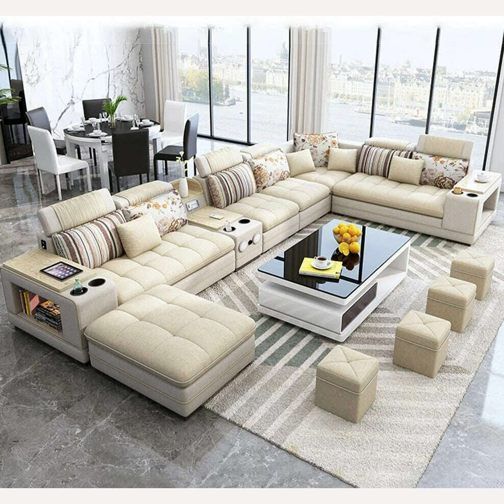 KIMLUD, MINGDIBAO Bluetooth Sectional Sofa Bed Sets Big U Shape Corner Cloth Couch with Speaker Sound System for Living Room Furniture, khaki without table, KIMLUD APPAREL - Womens Clothes