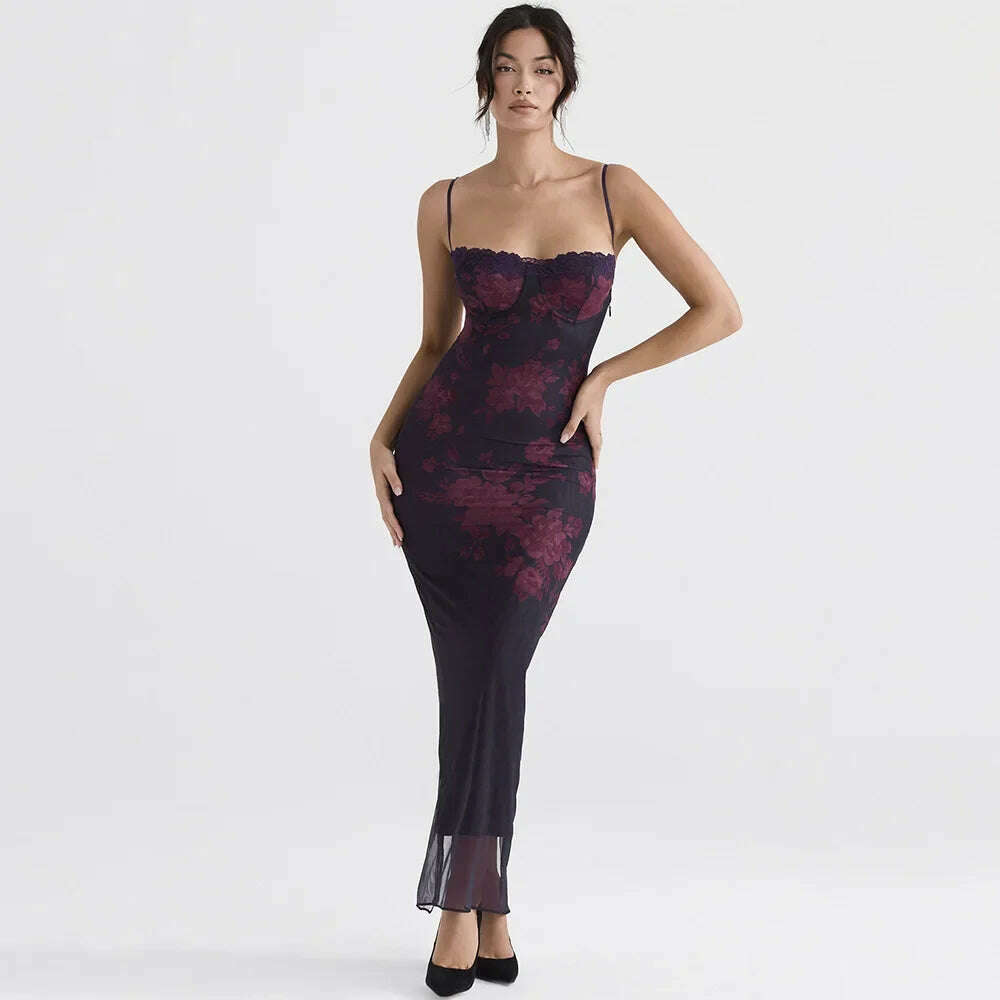 Mingmingxi Spaghetti Strap Floral Print Maxi Prom Dress Sexy Mesh Bride Wedding Guest Dress Women Evening Party Dresses Slim - KIMLUD