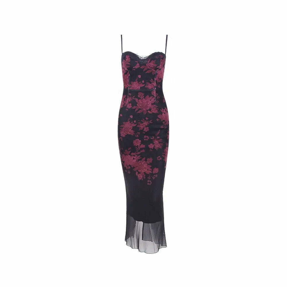 Mingmingxi Spaghetti Strap Floral Print Maxi Prom Dress Sexy Mesh Bride Wedding Guest Dress Women Evening Party Dresses Slim - KIMLUD