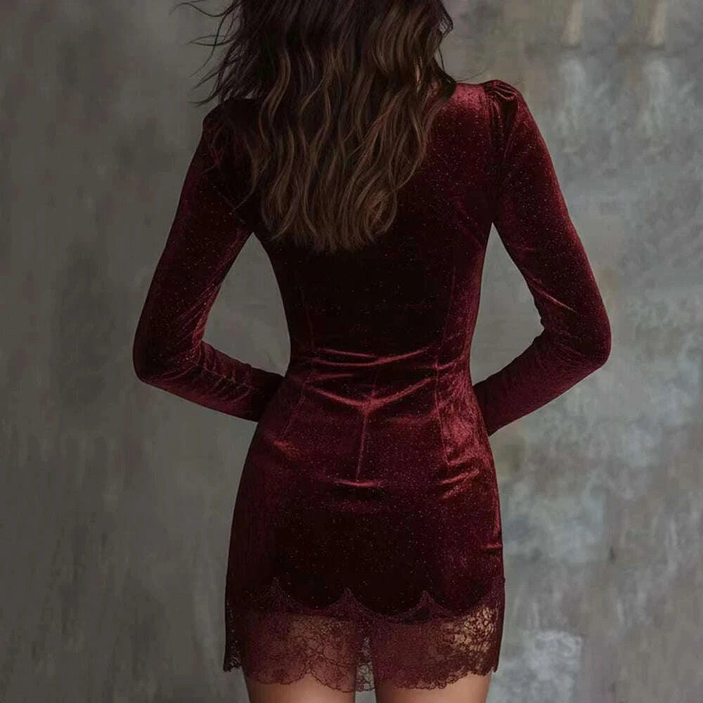 Mini Dress Lace Trim Velvet Slim Fit Claret | KIMLUD