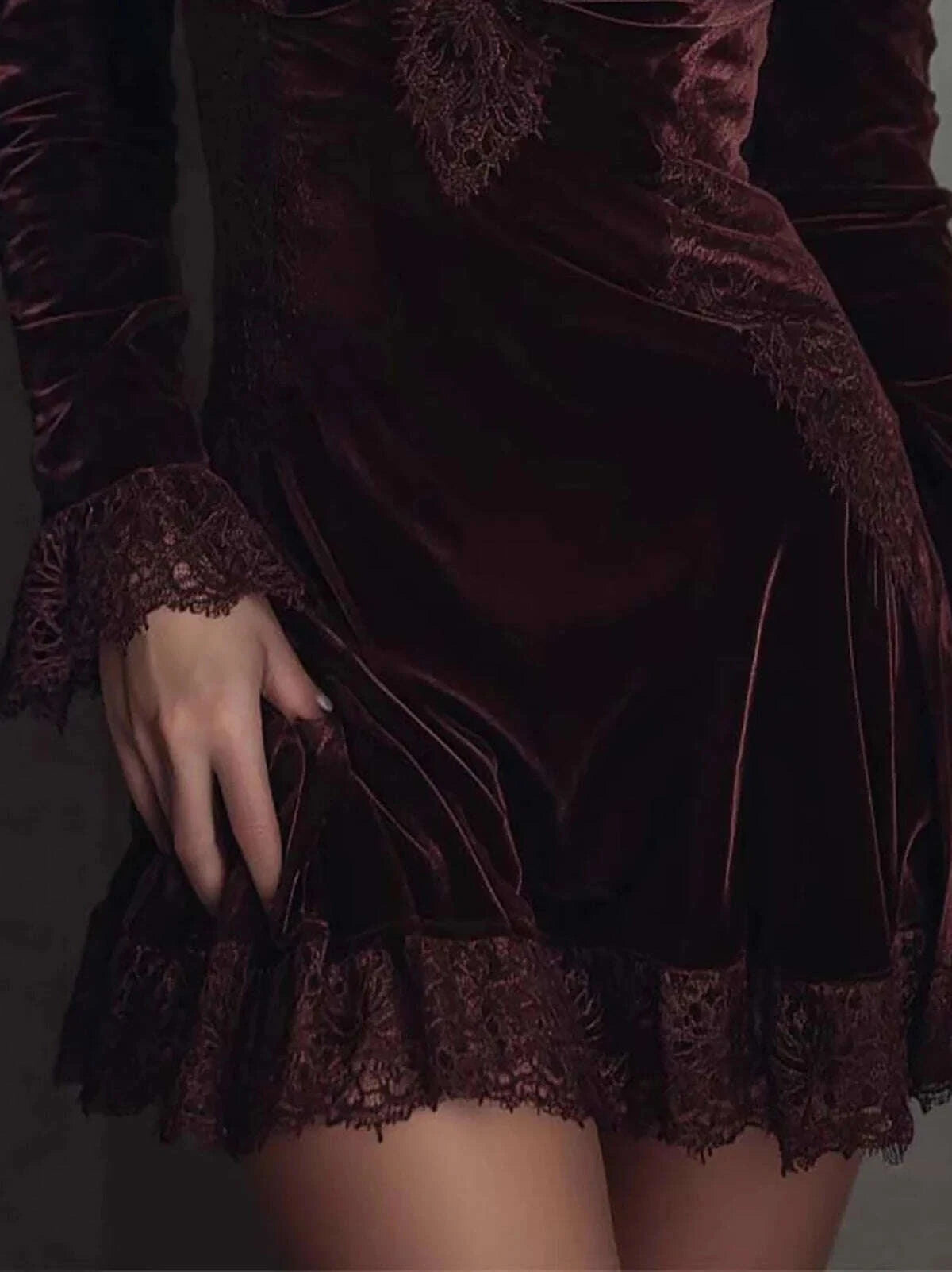 Mini Dress Lace Trim Velvet Slim Fit Claret | KIMLUD
