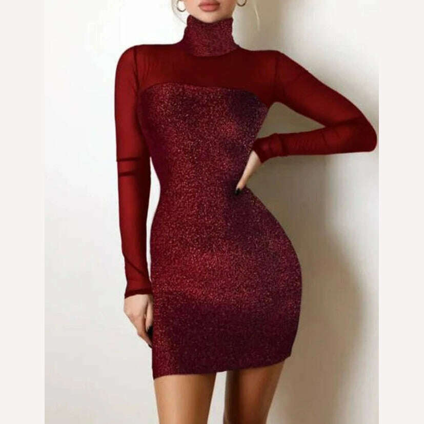 KIMLUD, Mini Dresses for Women 2023 Long Sleeves Diamonds Mesh Spliced Sheath Turtleneck Wrap Glitter Sheer Mesh Patch Bodycon Dress, KIMLUD Womens Clothes