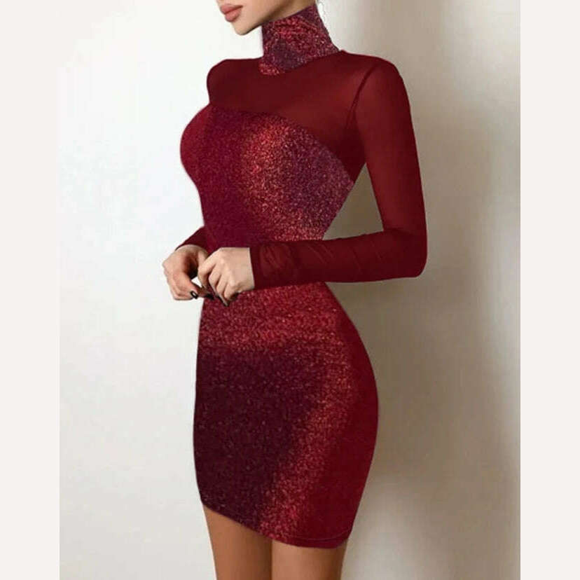 KIMLUD, Mini Dresses for Women 2023 Long Sleeves Diamonds Mesh Spliced Sheath Turtleneck Wrap Glitter Sheer Mesh Patch Bodycon Dress, A / S, KIMLUD Womens Clothes