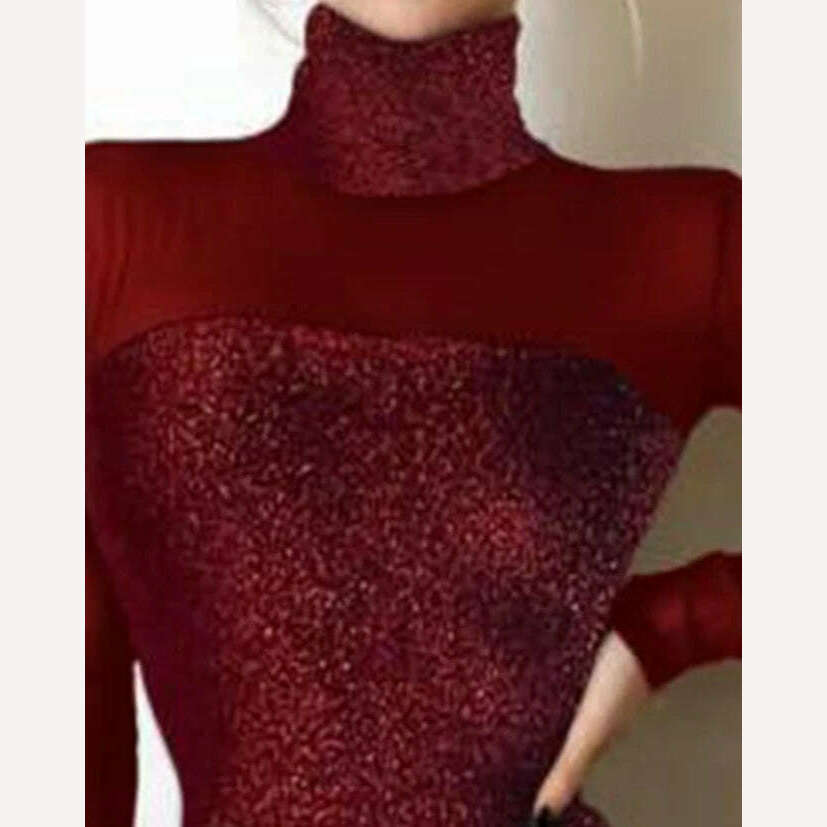 KIMLUD, Mini Dresses for Women 2023 Long Sleeves Diamonds Mesh Spliced Sheath Turtleneck Wrap Glitter Sheer Mesh Patch Bodycon Dress, KIMLUD Womens Clothes