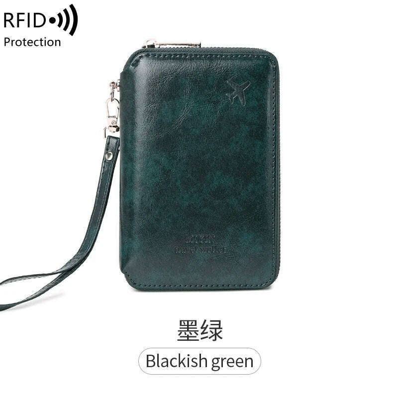 KIMLUD, Minimalist and fashionable RFID passport holder multifunctional PU leather travel accessory passport holder wallet holder unisex, HZ720-blackishgreen, KIMLUD Womens Clothes