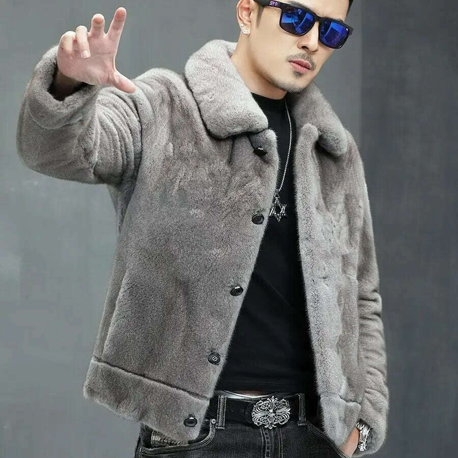 KIMLUD, Mink coat men's whole mink mink winter fur lapel gray jacket fur men's fashion, Gray / M / China, KIMLUD APPAREL - Womens Clothes