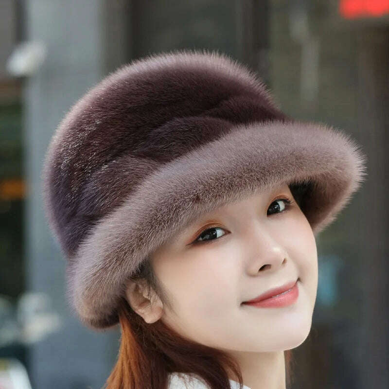 KIMLUD, Mink Fur Hats Whole Mink Fur Cap Real Natural Mink Fur Ear Protection Fisherman Hat Female Fashion Warm Hat For Woman, Denmark Oak / One Size, KIMLUD Women's Clothes