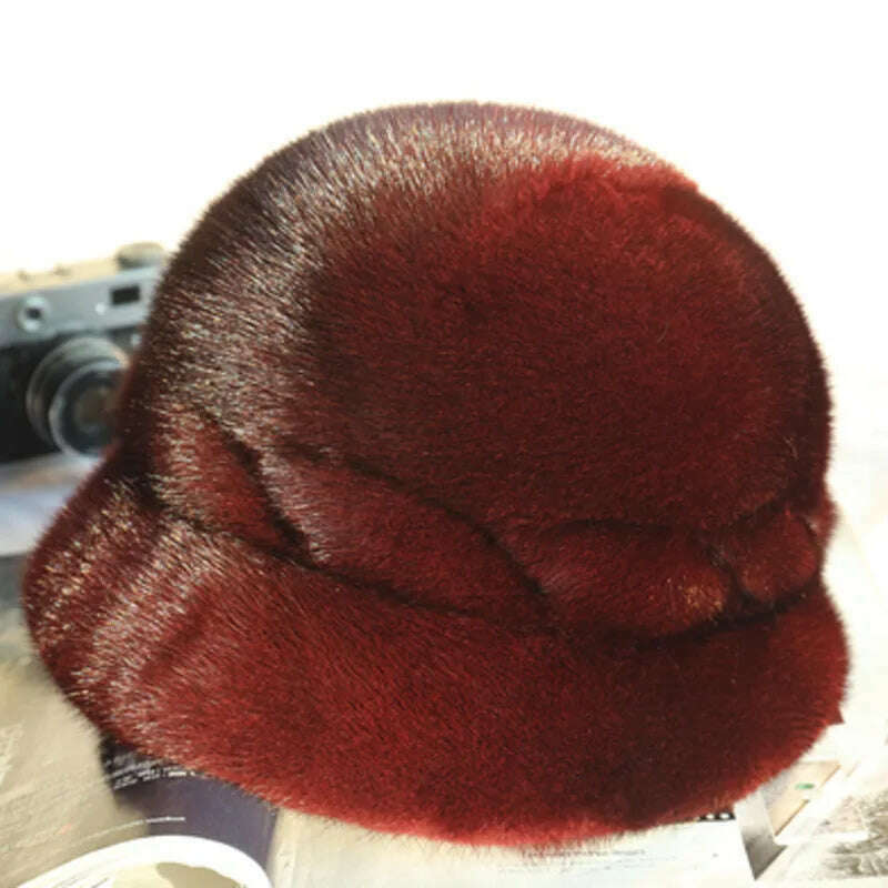 KIMLUD, Mink Fur Hats Whole Mink Fur Cap Real Natural Mink Fur Ear Protection Fisherman Hat Female Fashion Warm Hat For Woman, Burgundy / One Size, KIMLUD Women's Clothes