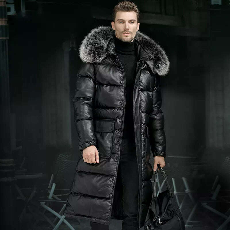 KIMLUD, Minus 40 degrees Celsius Warm Top Layer Cowhide Genuine Leather Jacket Men X-Long Duck Down Leather Coat Real Fur Hooded Coats, black / L, KIMLUD APPAREL - Womens Clothes