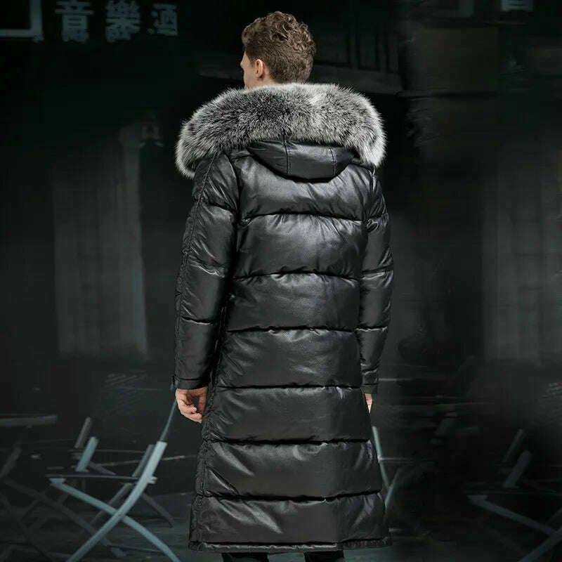 KIMLUD, Minus 40 degrees Celsius Warm Top Layer Cowhide Genuine Leather Jacket Men X-Long Duck Down Leather Coat Real Fur Hooded Coats, KIMLUD Womens Clothes