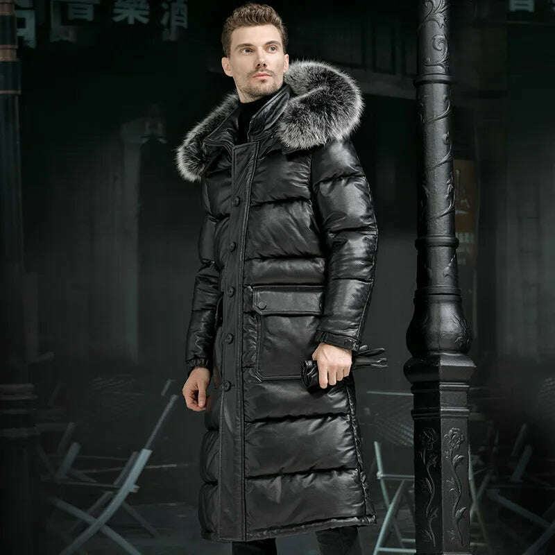 KIMLUD, Minus 40 degrees Celsius Warm Top Layer Cowhide Genuine Leather Jacket Men X-Long Duck Down Leather Coat Real Fur Hooded Coats, KIMLUD Womens Clothes