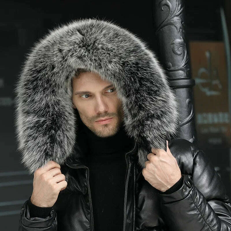 KIMLUD, Minus 40 degrees Celsius Warm Top Layer Cowhide Genuine Leather Jacket Men X-Long Duck Down Leather Coat Real Fur Hooded Coats, KIMLUD Womens Clothes