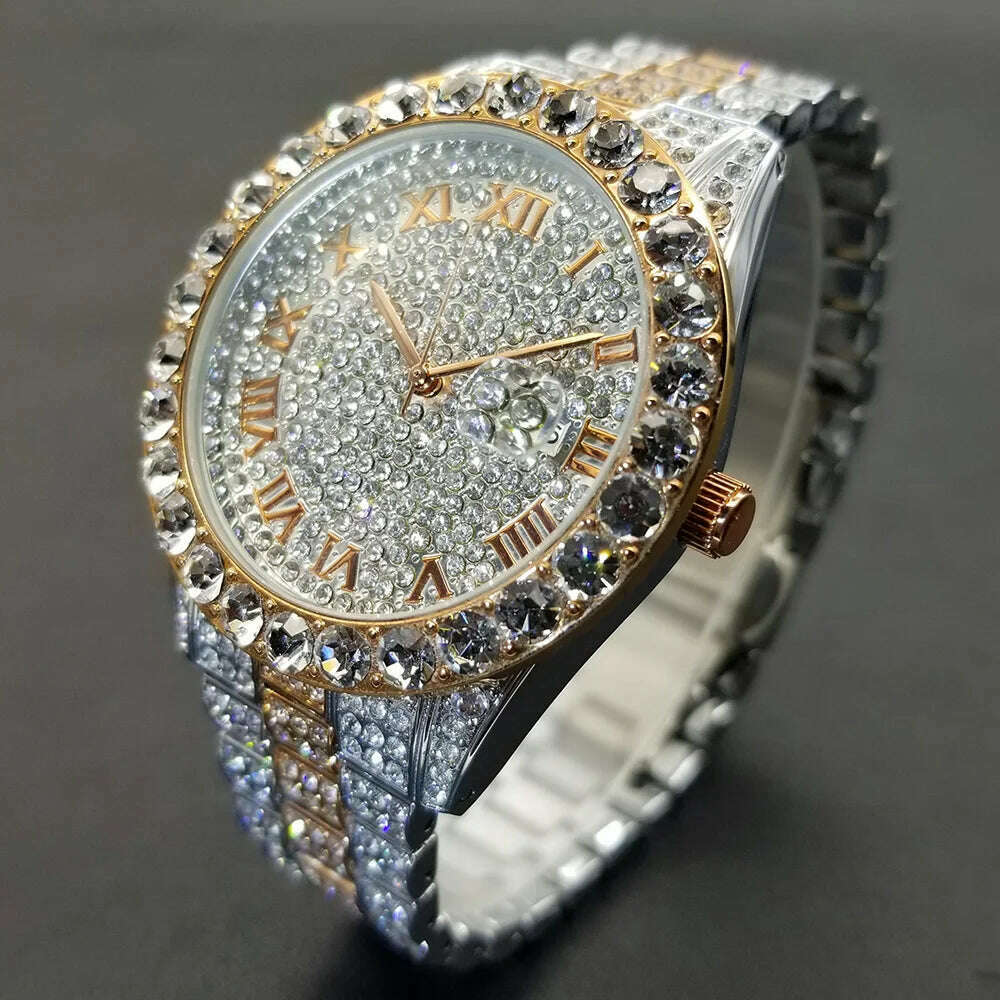 MISSFOX Hip Hop Men Watches Brand Luxury Roman Ice Out Automatic Date Male Wristwatch Full Diamond Waterproof Luminous Watch New - KIMLUD