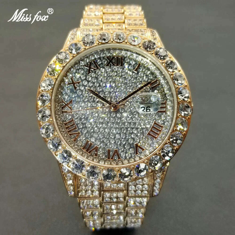 MISSFOX Hip Hop Men Watches Brand Luxury Roman Ice Out Automatic Date Male Wristwatch Full Diamond Waterproof Luminous Watch New - KIMLUD