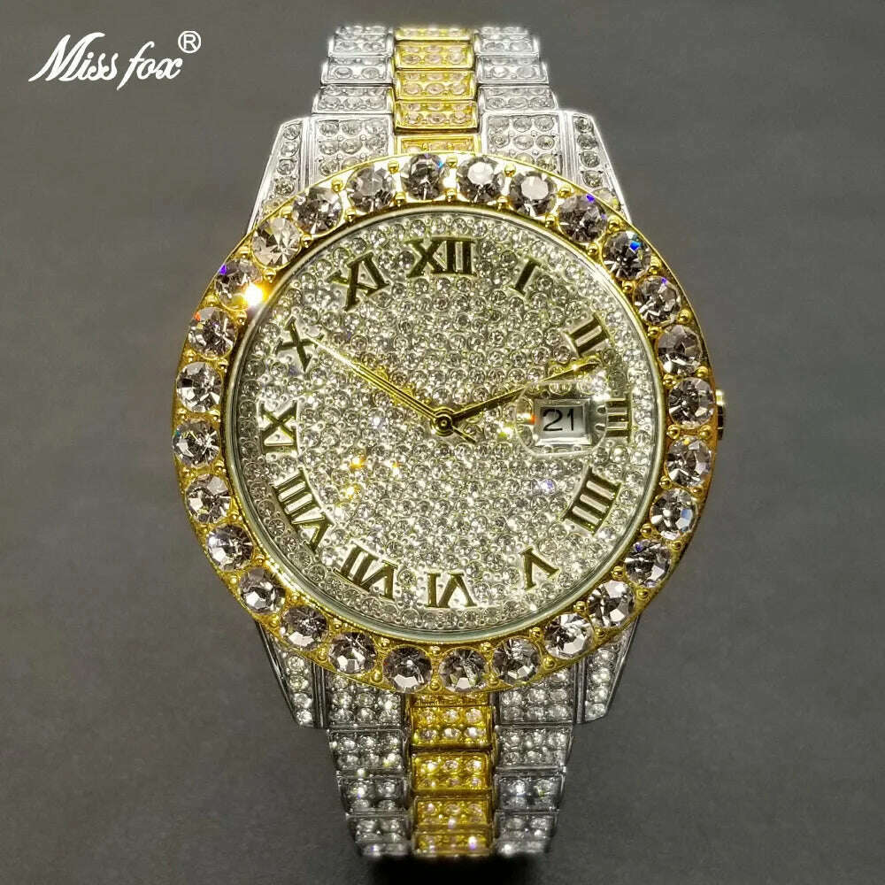 MISSFOX Hip Hop Men Watches Brand Luxury Roman Ice Out Automatic Date Male Wristwatch Full Diamond Waterproof Luminous Watch New - KIMLUD