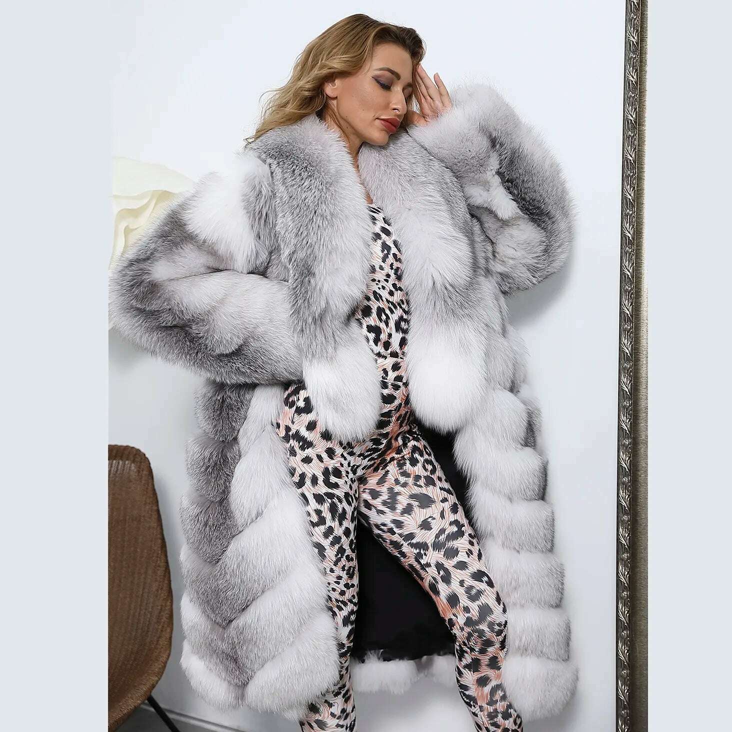 KIMLUD, MISSJANEFUR 2022 Luxury Crystal Fox Fur Coat Women Long over the Knee Warm Real Fur Overcoat Winter Women Outwear Natual Fur, KIMLUD Women's Clothes
