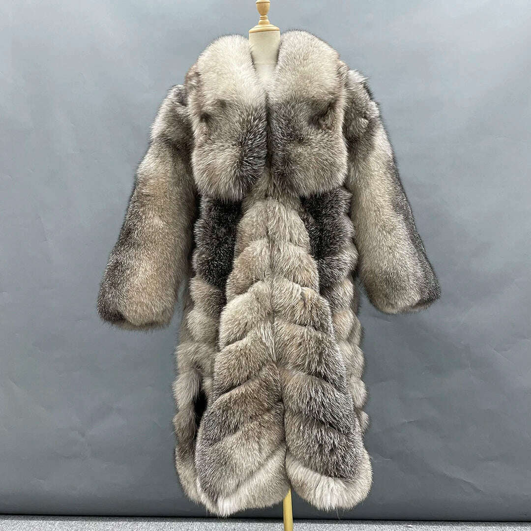 KIMLUD, MISSJANEFUR 2022 Luxury Crystal Fox Fur Coat Women Long over the Knee Warm Real Fur Overcoat Winter Women Outwear Natual Fur, coffee fox / S(bust 100cm), KIMLUD APPAREL - Womens Clothes