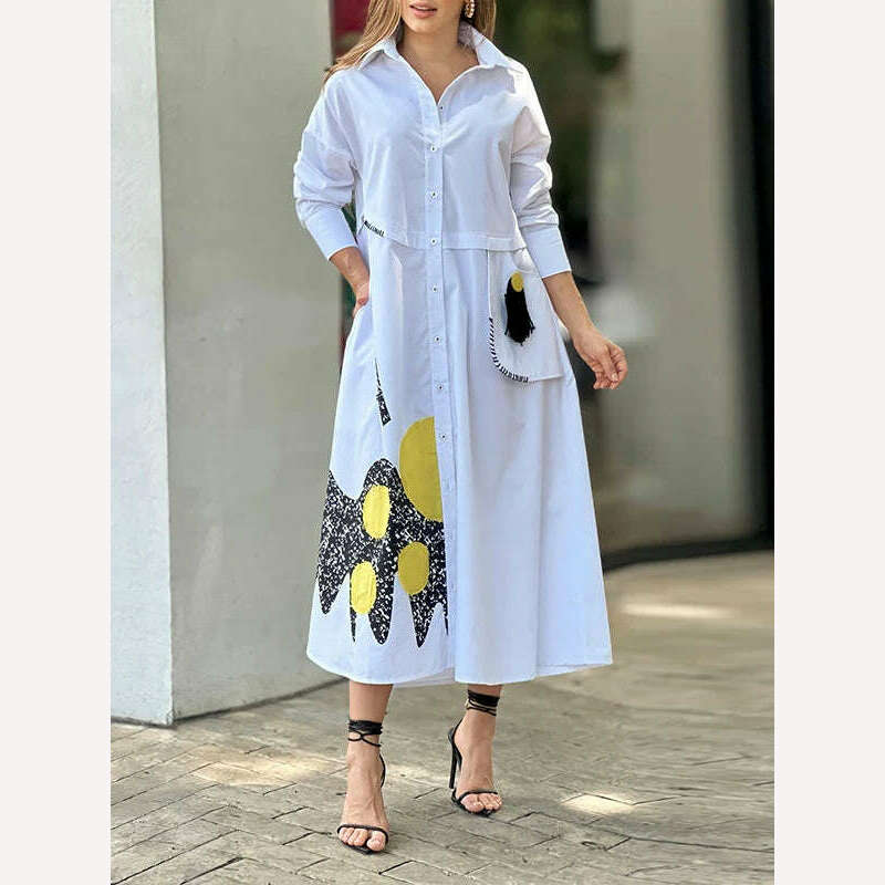 KIMLUD, Missuoo 2024 New Loose Fitting Shirt Dress for Women Lapel Long Sleeves Printed Casual Dress Spring Summer Streetwear Dresses, WHITE / S, KIMLUD Women's Clothes