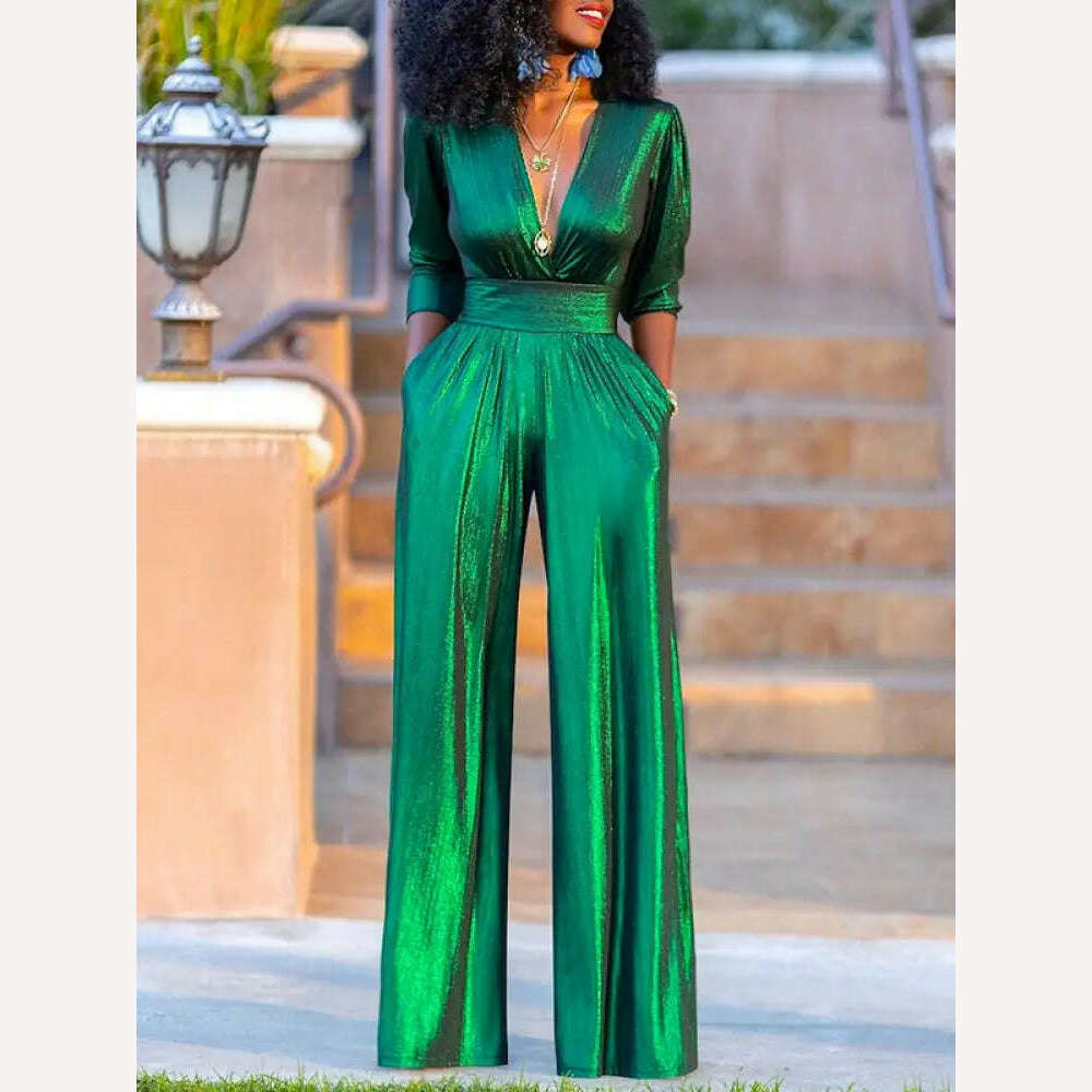 Missuoo 2024 Summer New Women's Solid Color Streetwear Jumpsuit Deep V-neck Half Sleeve High Waist Wide Leg Overalls Suits - KIMLUD