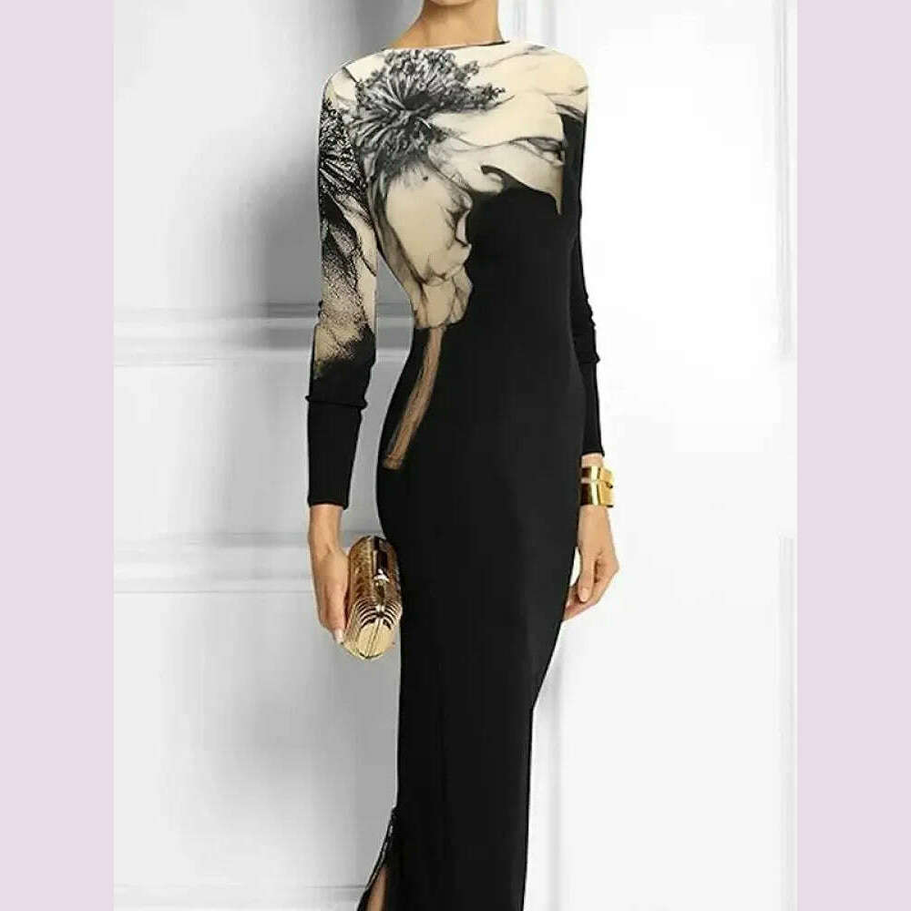 KIMLUD, Missuoo Floral Printed Black Dress for Women 2024 Fashion Slim Fit Round Neck Long Sleeve Split-back Skinny Party Dresses, KIMLUD Womens Clothes