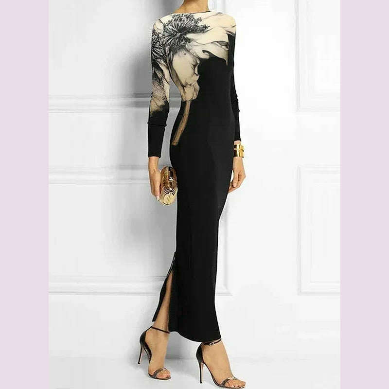 KIMLUD, Missuoo Floral Printed Black Dress for Women 2024 Fashion Slim Fit Round Neck Long Sleeve Split-back Skinny Party Dresses, BLACK / L, KIMLUD APPAREL - Womens Clothes