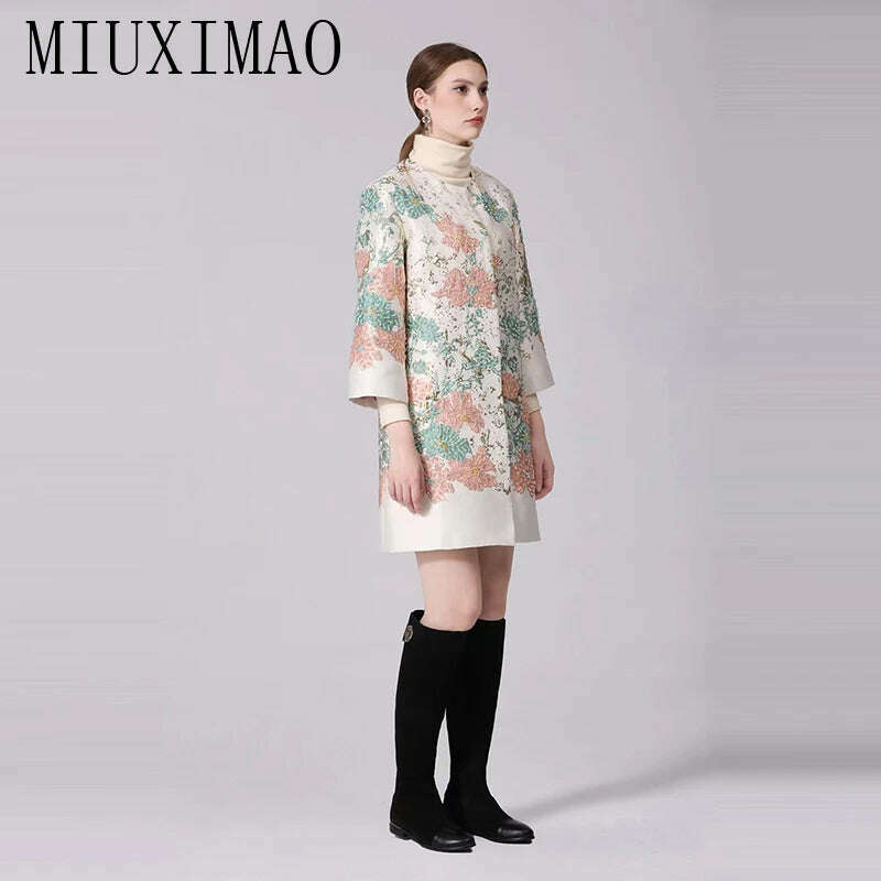 KIMLUD, MIUXIMAO 2022 High Quality Autumn&Winter Elegant Coat Diamond Coat O-Neck Single Breasted Embroidery Fashion Coat Women Vestide, KIMLUD Womens Clothes