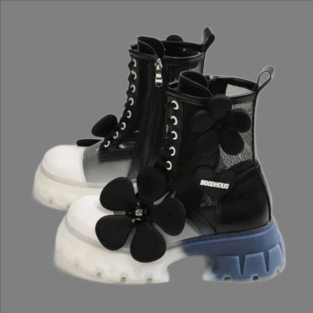 Mixed Color Air Mesh EVA Flower Thick Bottom Boots Round Toe Lace Up Side Zipper Mid Calf Boots New Year Christmas Wild Shoes - KIMLUD