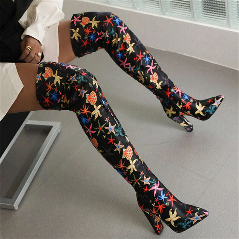 KIMLUD, Mixed Color Printed Pattern Super High Heels Thigh High Boots Side Zipper Women Ankle Boots Soft Sole Street Style Knee Boots, KIMLUD Womens Clothes