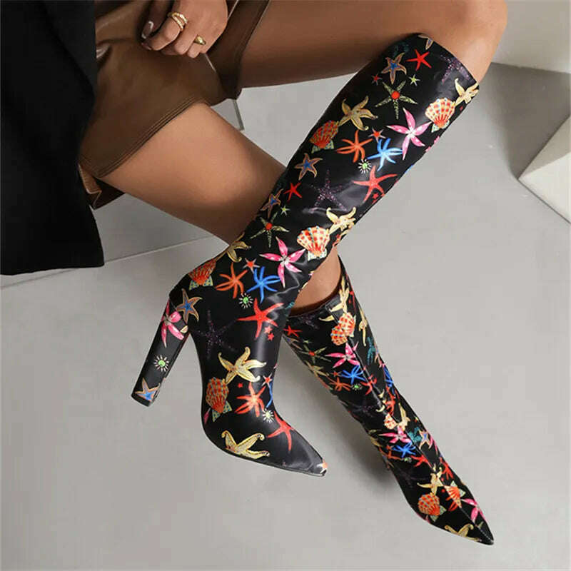 KIMLUD, Mixed Color Printed Pattern Super High Heels Thigh High Boots Side Zipper Women Ankle Boots Soft Sole Street Style Knee Boots, KIMLUD Womens Clothes